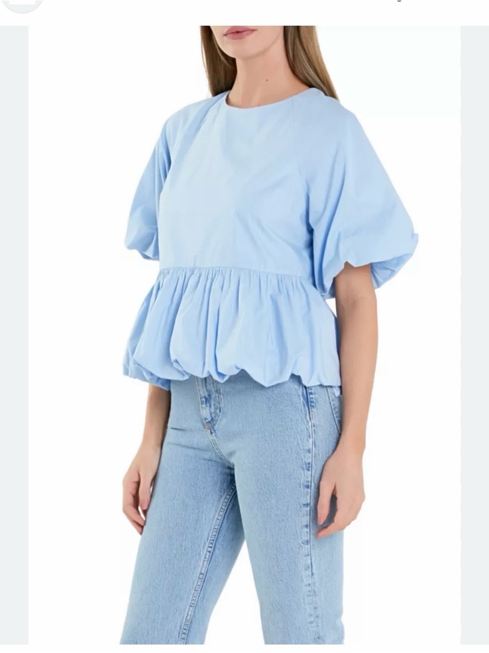 English Factory Sky Blue Puff-Sleeve Peplum Blouse - Picture 2 of 4